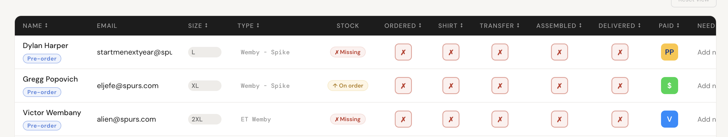 The order tracker today — each Paid badge colored to match the platform it came in on: amber for PayPal, green for Cash App, blue for Venmo.