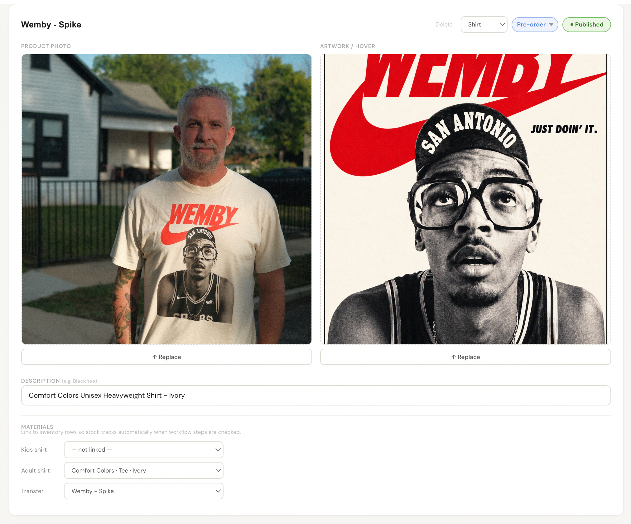 A design’s full recipe today — product photo, hover artwork, and the blank shirt and transfer it’s built from.